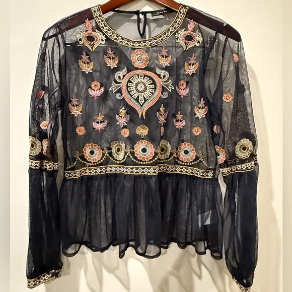 Zara Navy Sheer Blouse with Multicolor Embroidery Size L - Picture 1 of 7